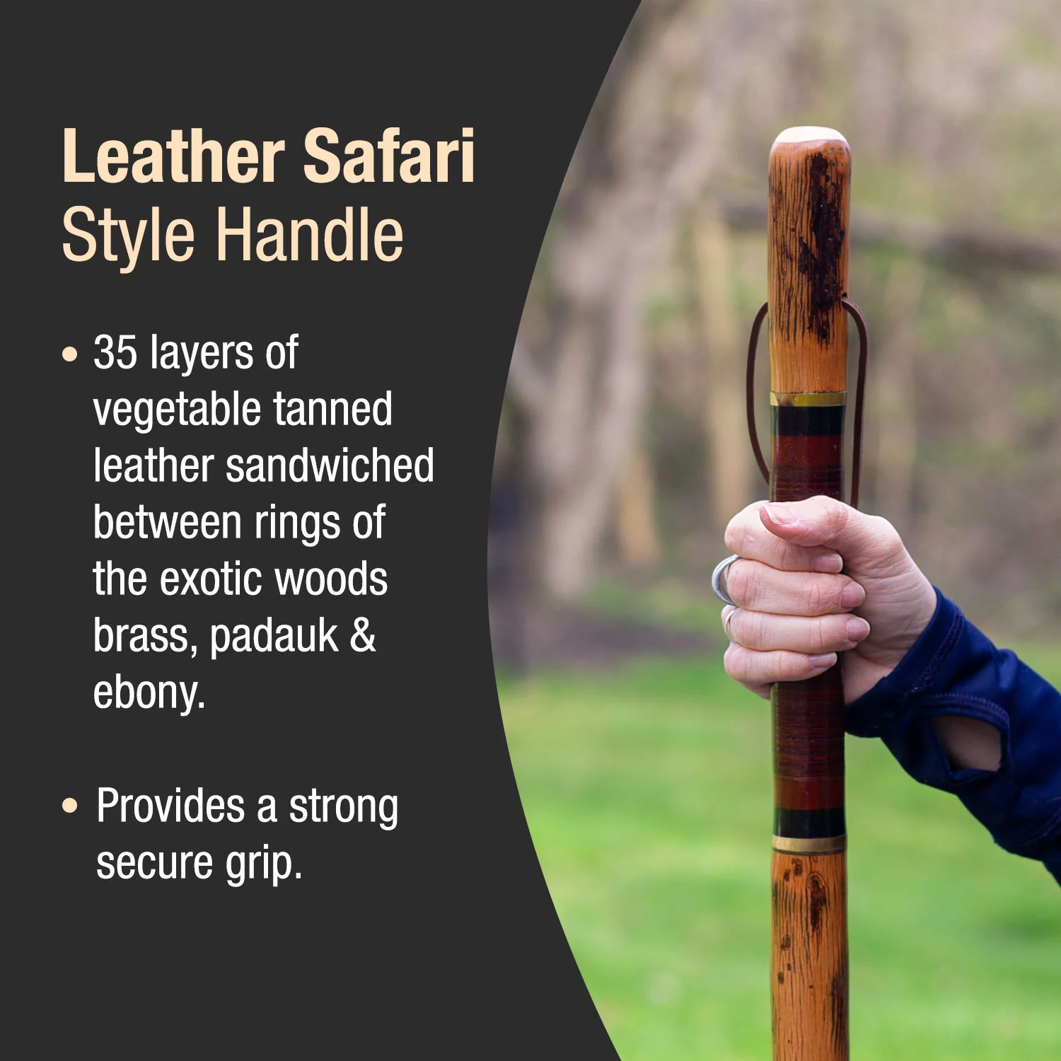 Exotic Leather Safari Hickory Rustic Walking Stick - Image 4